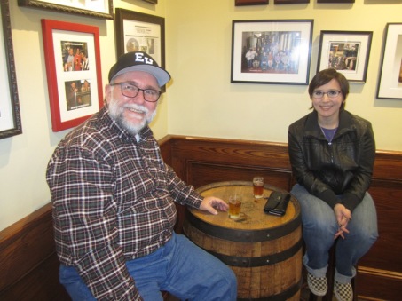 Smiling patrons in the beer hall