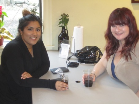 two ladies enjoying beer in the beer hall