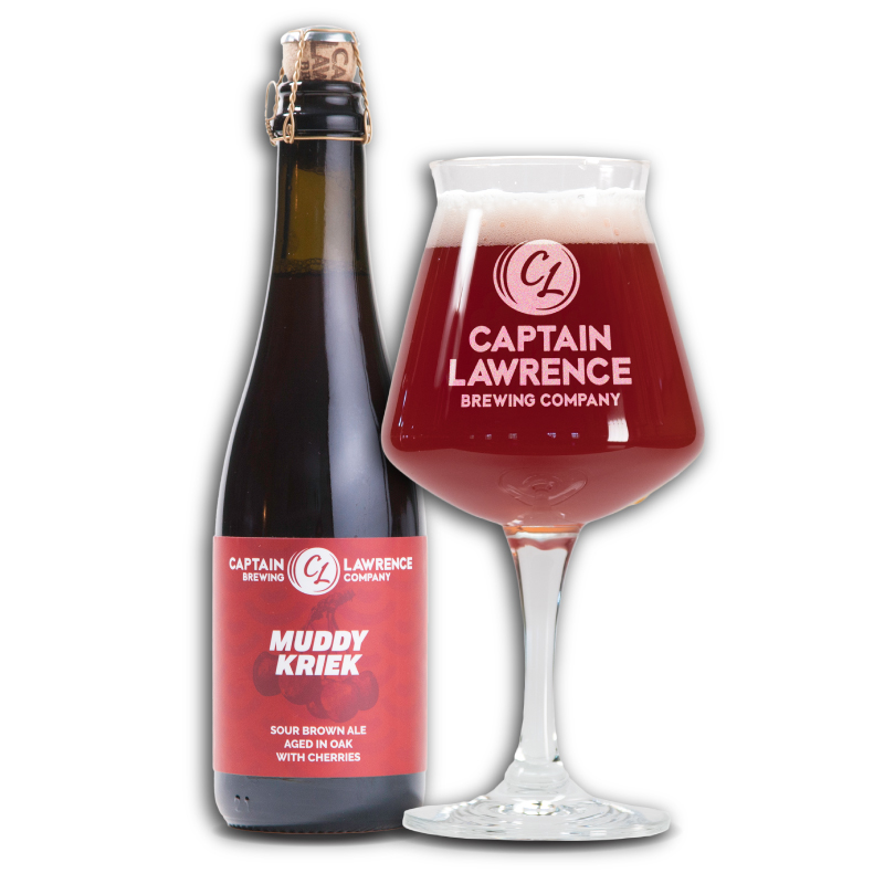 Muddy Kriek bottle with teku glass