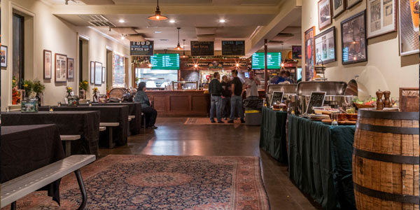 shot of the beer hall with table and catering set up