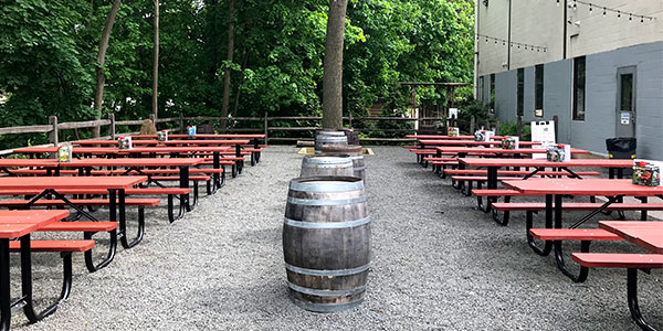 Shot of the beer garden in the day time.