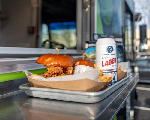 Food Truck Chicken Sandwich with can of Lager